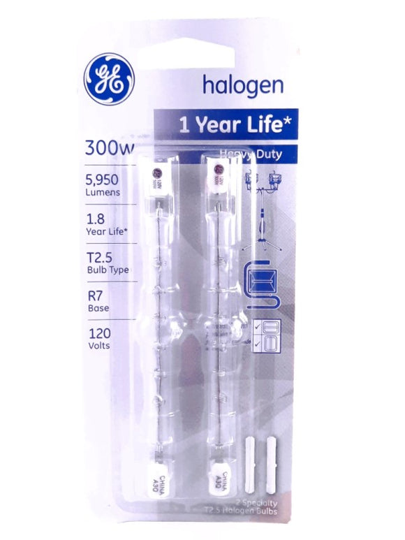 GE Halogen 300W T2.5 Bulb, R7s Base, 2pk