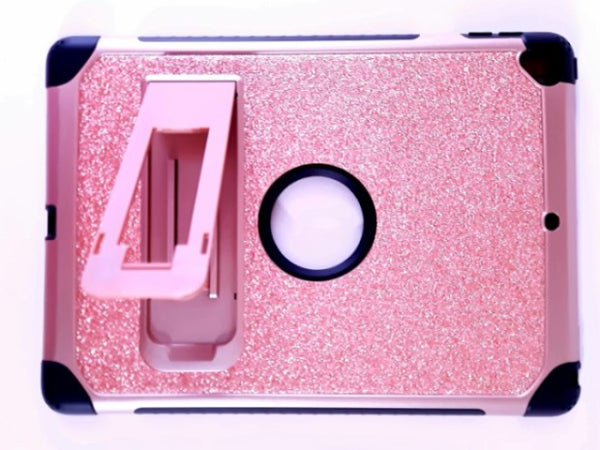 YINLAI iPad 9.7” Case, 3 in 1 Pink Glittery Hybrid Shockproof Kickstand Silicone Protective Cases, Rose Gold