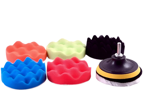 8PCS Car Polishing Waxing Buffing Pads Set Including 5 Polishing Pads + 1 Woolen Buffer + 1 Adhesive Backer, 4” Diameter