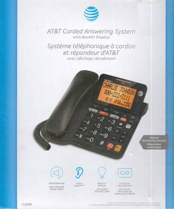 AT&T Corded Phone With 25 Min Digital Answering Machine, Extra-large, Black - open packing