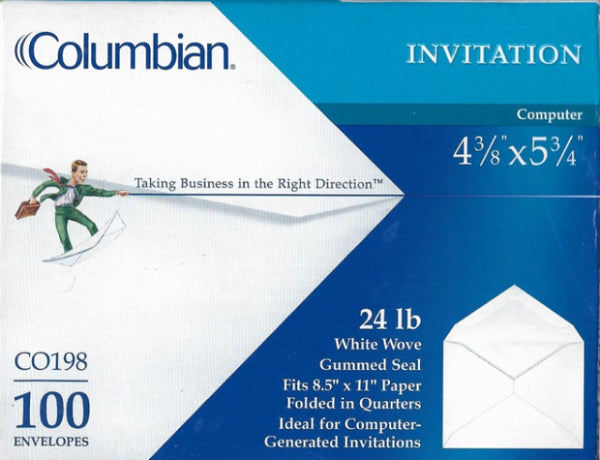 Columbian Invitation Envelopes, 4 3/8" x 5 3/4", White, 100 Count