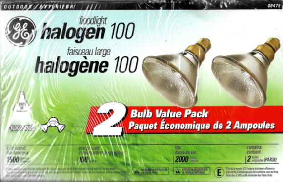 GE 100W PAR38 Standard Halogen Floodlight Bulb, 2 Bulb Value Pack