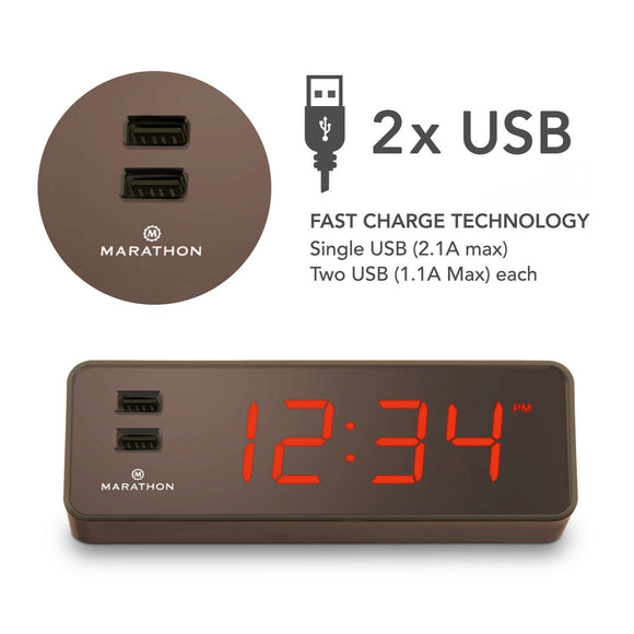 Marathon LED Alarm Clock with Two Fast Charging, Front Facing USB Ports