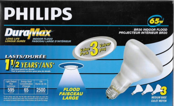 Philips Duramax 65Watt BR30 Incandescent Reflector Flood Light Bulb 3-Value Pack
