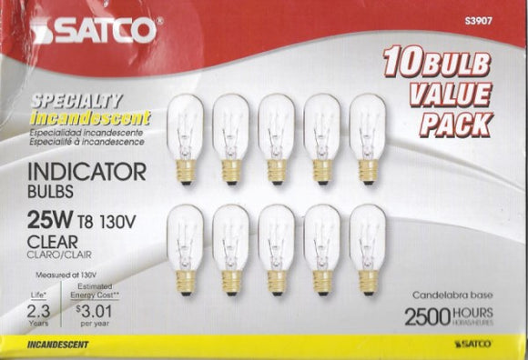 Satco 130V Candelabra Base 25-Watt T8 Light Bulbs, 10 Bulbs Value Pack, Clear