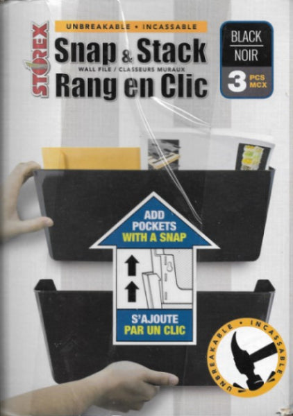 Storex Snap & Stack Wall Files, Legal Size, Black, Set of 3