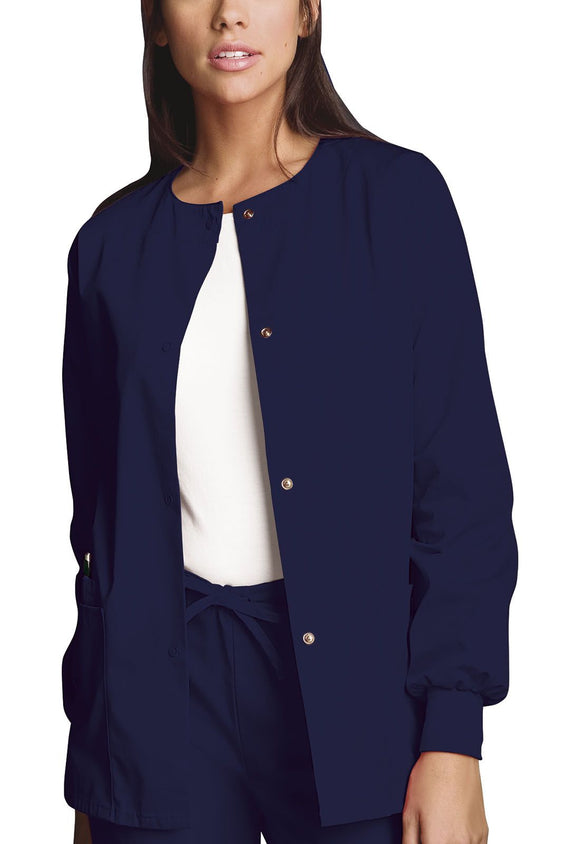 Cherokee Women's Workwear Snap Front Scrub Warm-Up Jacket, Navy, XL