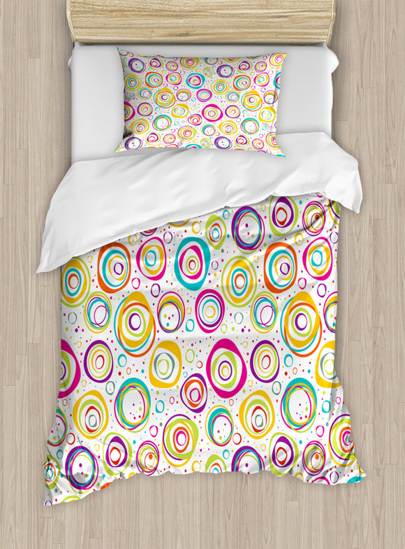 Ambesonne Geometric Duvet Cover Set Twin Size, Cute Childish Spirals with Funny Dots & Bubbles