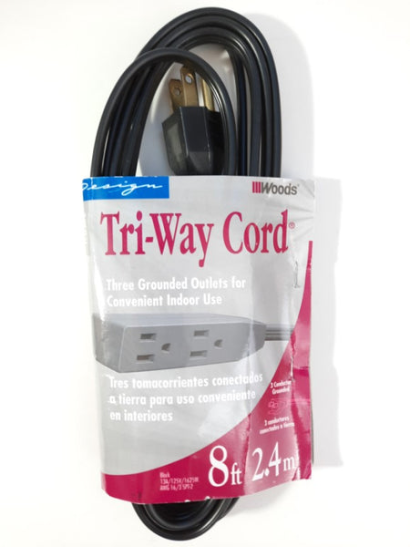 Woods 8ft Grounded Tri-way Extension Cord Black